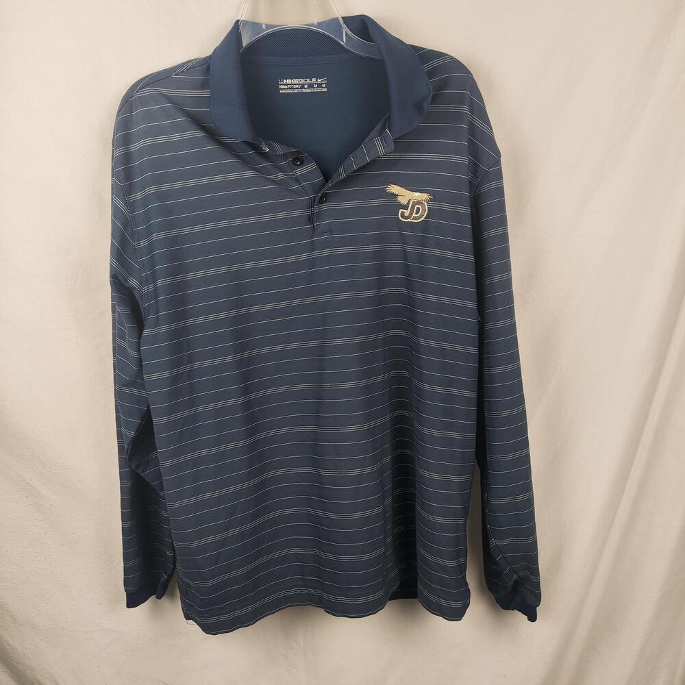 Nike Golf Polo Shirt Mens Medium Blue Stripe Long Sleeve FitDry JD Logo